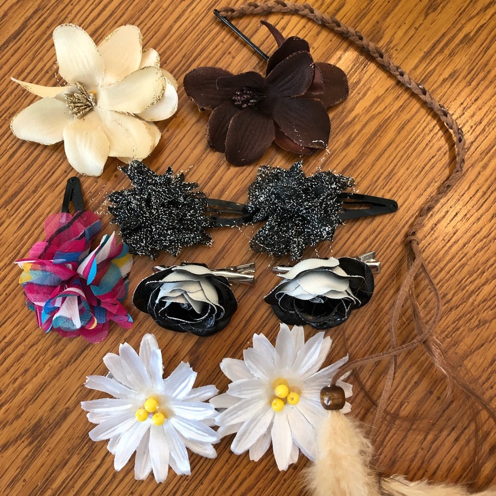 10pc Floral Hair Feather Clip Set Bundle
